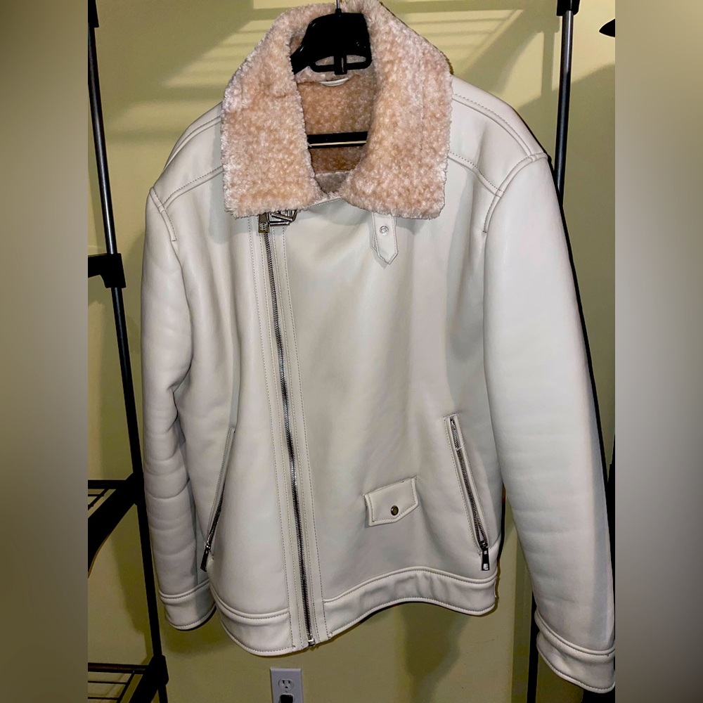 Zara Cream faux leather Biker jacket with shearling lining and collar